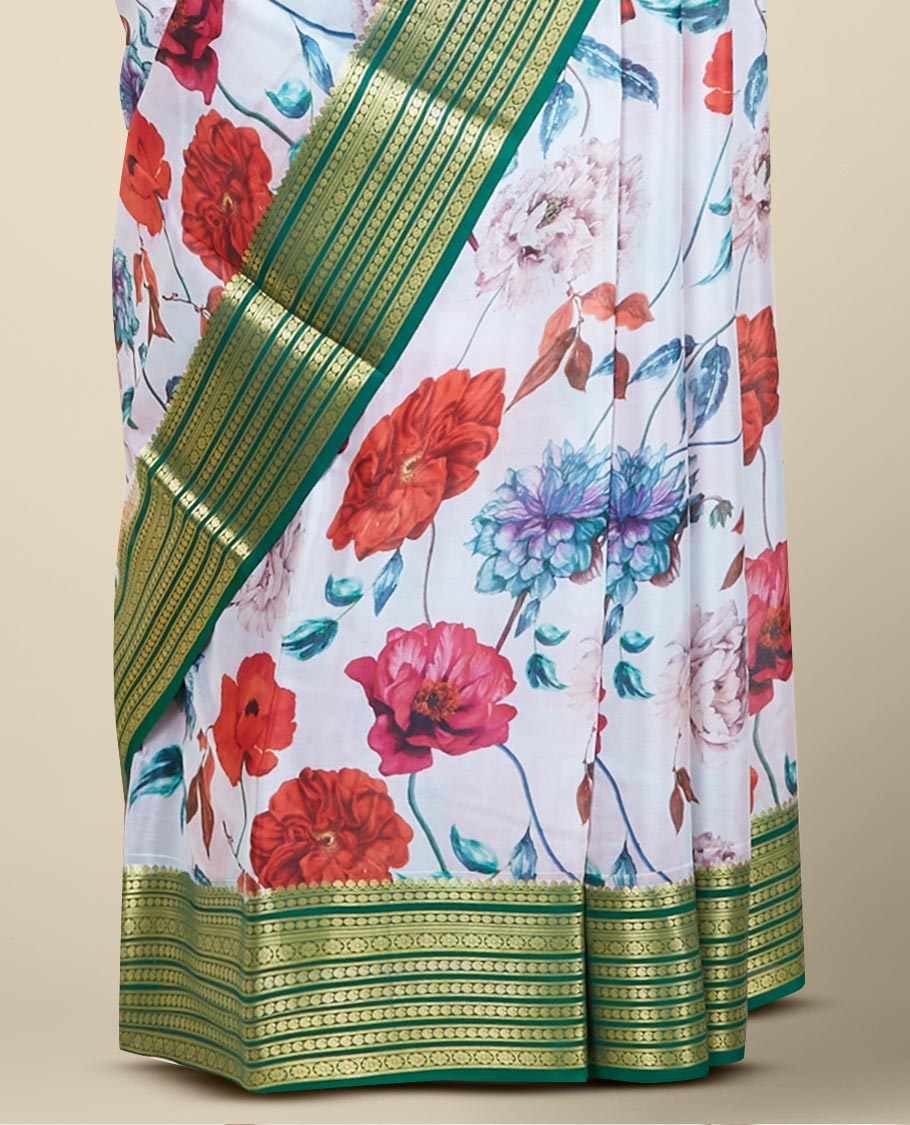 Multi-color floral vine printed mysore silk saree, contrast zari border of traditional motifs & pallu of zari stripes
