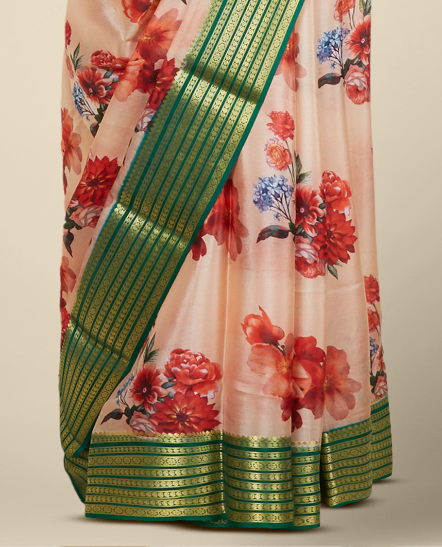 Orange floral motifs printed mysore silksaree,contrast border steeped with traditional zari designs & zari striped pallu