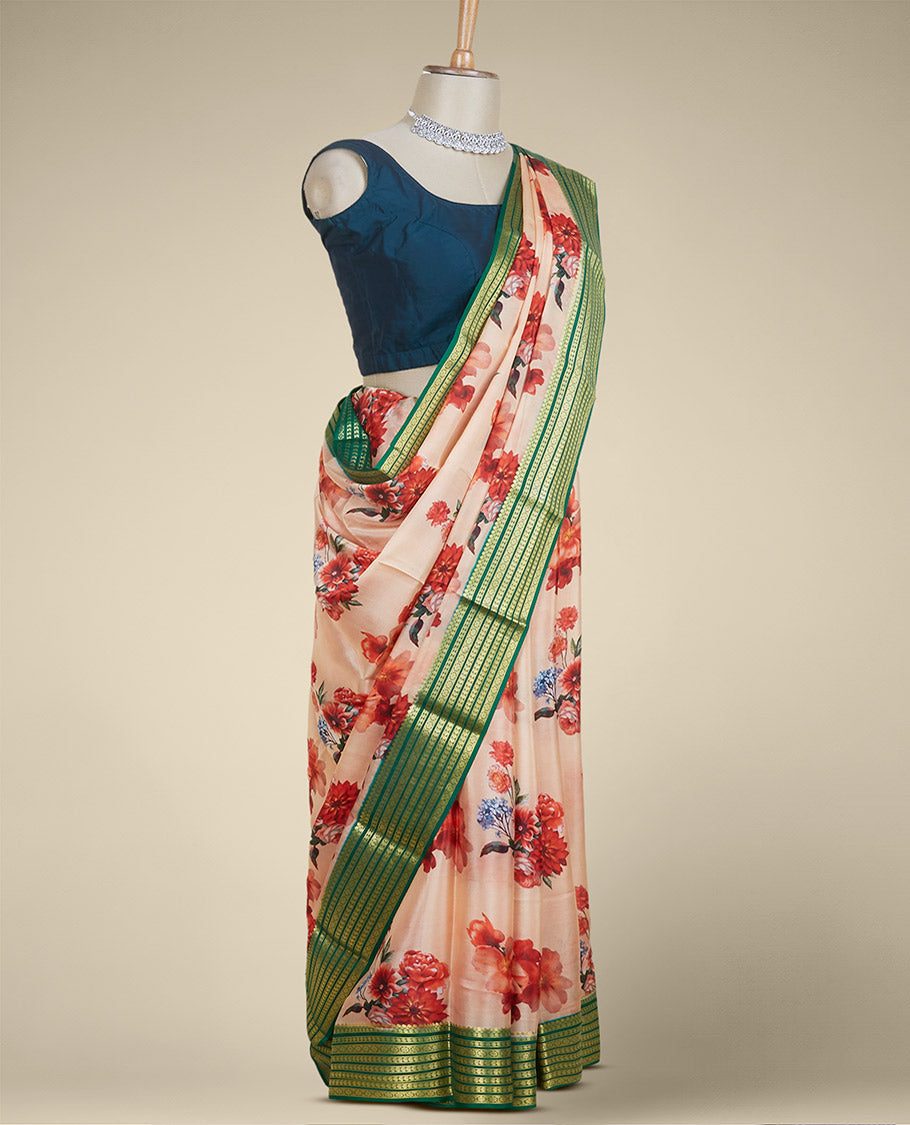 Orange floral motifs printed mysore silksaree,contrast border steeped with traditional zari designs & zari striped pallu