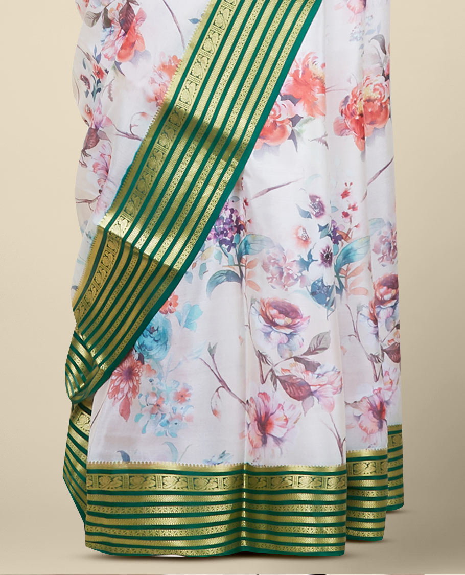 Multi-color floral vine printed mysore silksaree, contrast traditional zari designs steeped border & zari striped pallu