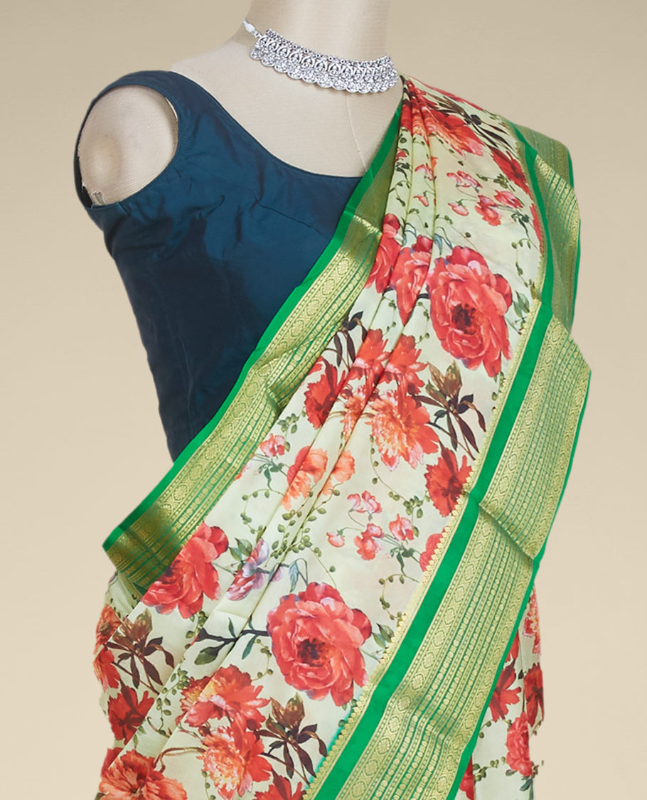 Pale green floral vine printed mysore silksaree, contrast traditional zari designs steeped border & zari striped pallu