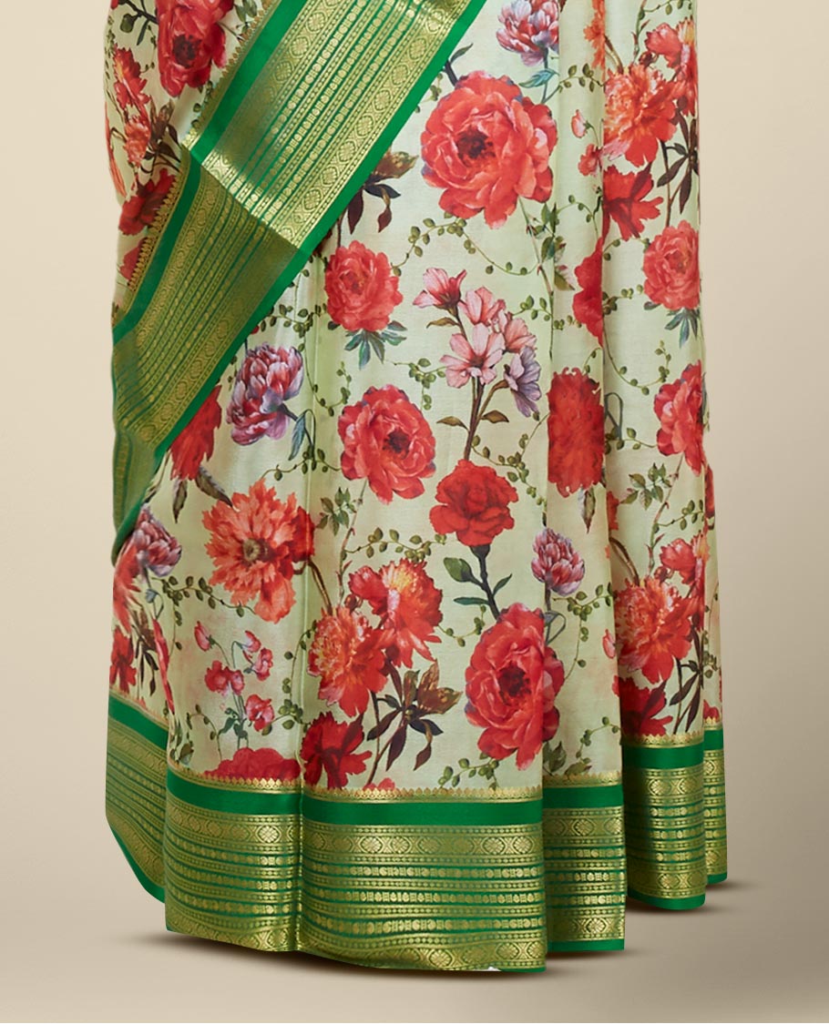 Pale green floral vine printed mysore silksaree, contrast traditional zari designs steeped border & zari striped pallu