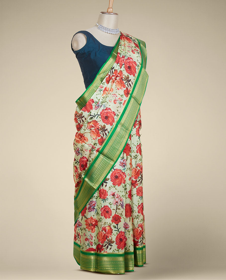 Pale green floral vine printed mysore silksaree, contrast traditional zari designs steeped border & zari striped pallu