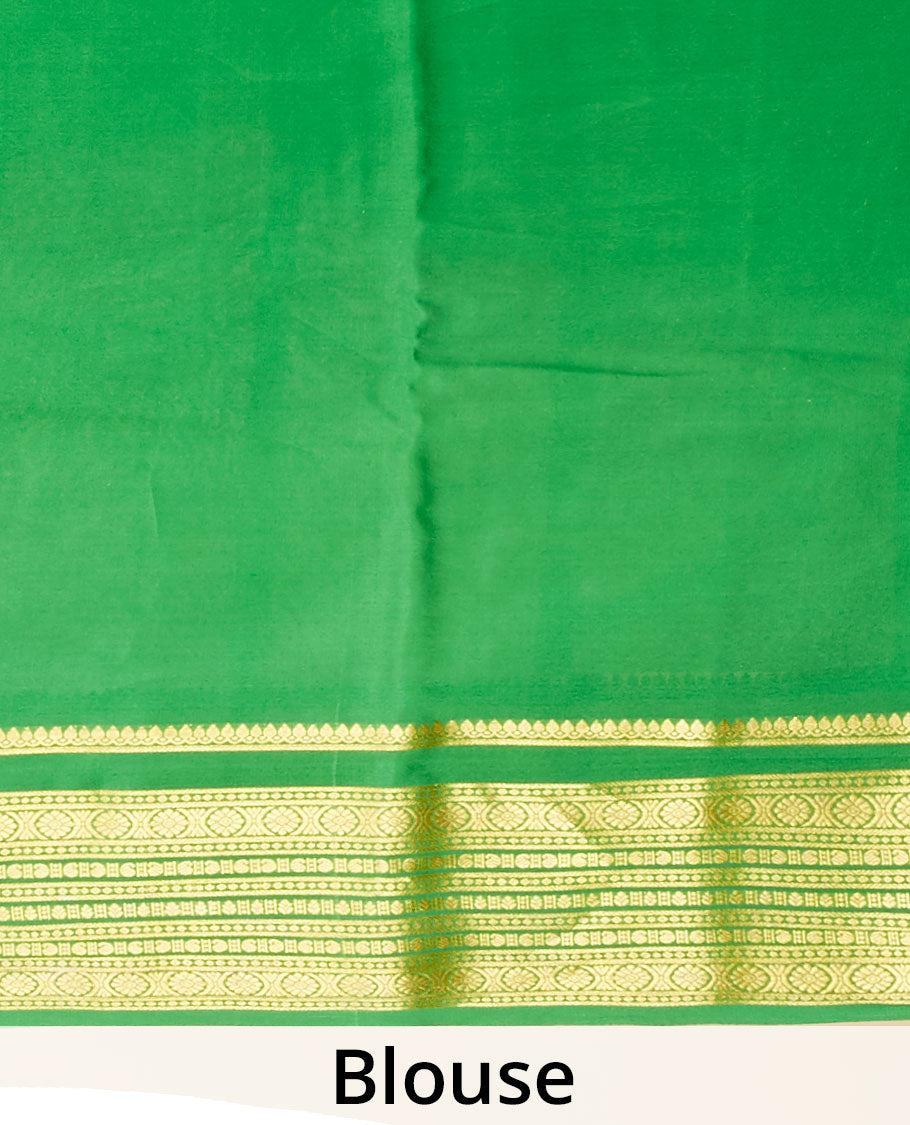 Pale green floral vine printed mysore silksaree, contrast traditional zari designs steeped border & zari striped pallu