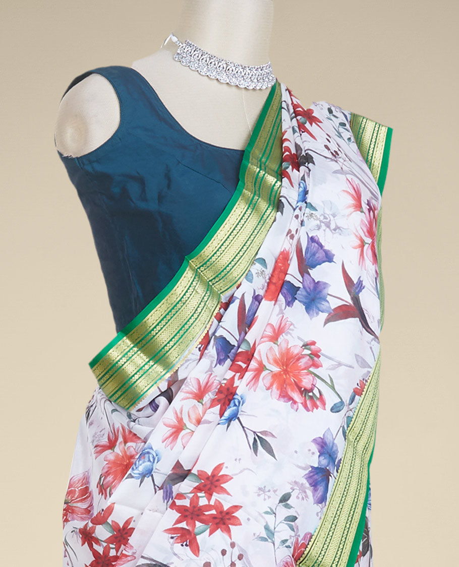 Multi-color unique floral motifs printed mysore silksaree,contrast traditional border & zari striped pallu