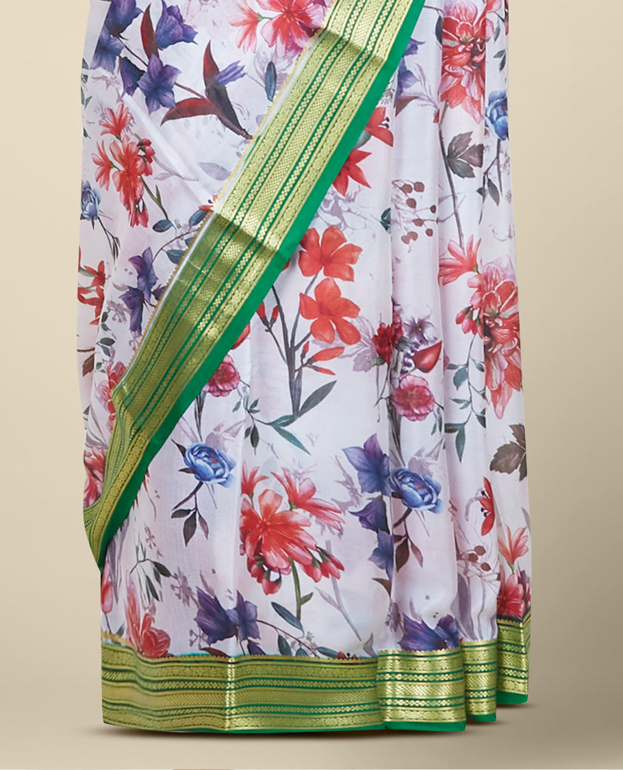 Multi-color unique floral motifs printed mysore silksaree,contrast traditional border & zari striped pallu
