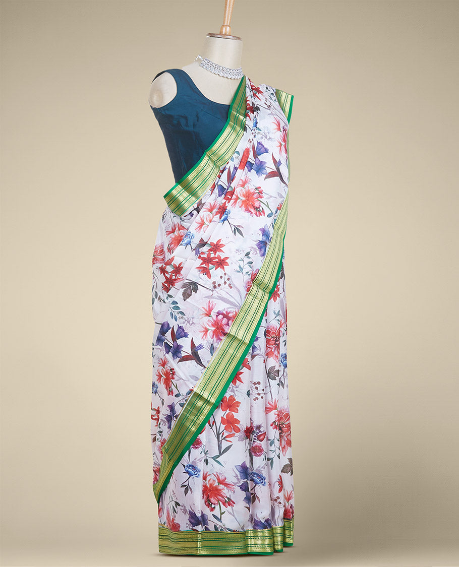 Multi-color unique floral motifs printed mysore silksaree,contrast traditional border & zari striped pallu