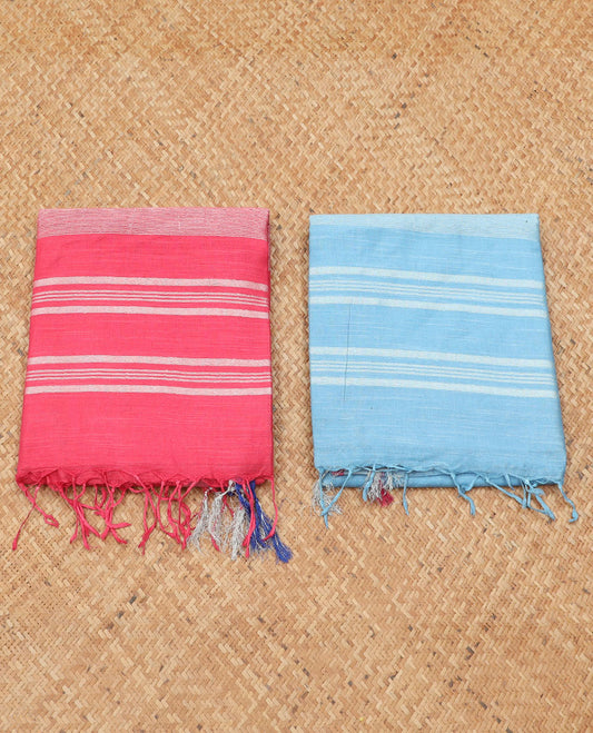 Pack of 2 combo cotton sarees, pink & light blue plain saree with self-border & pallu of stripes