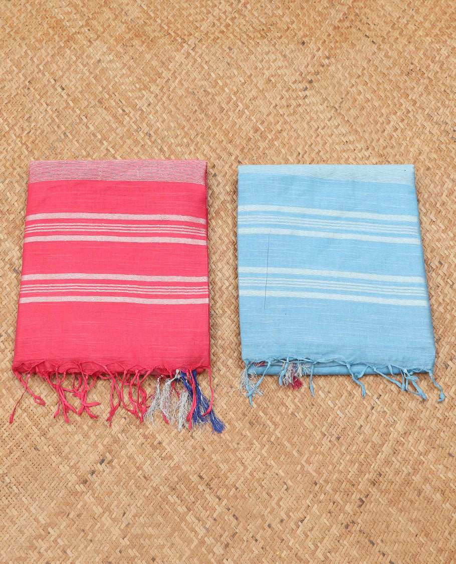 Pack of 2 combo cotton sarees, pink & light blue plain saree with self-border & pallu of stripes