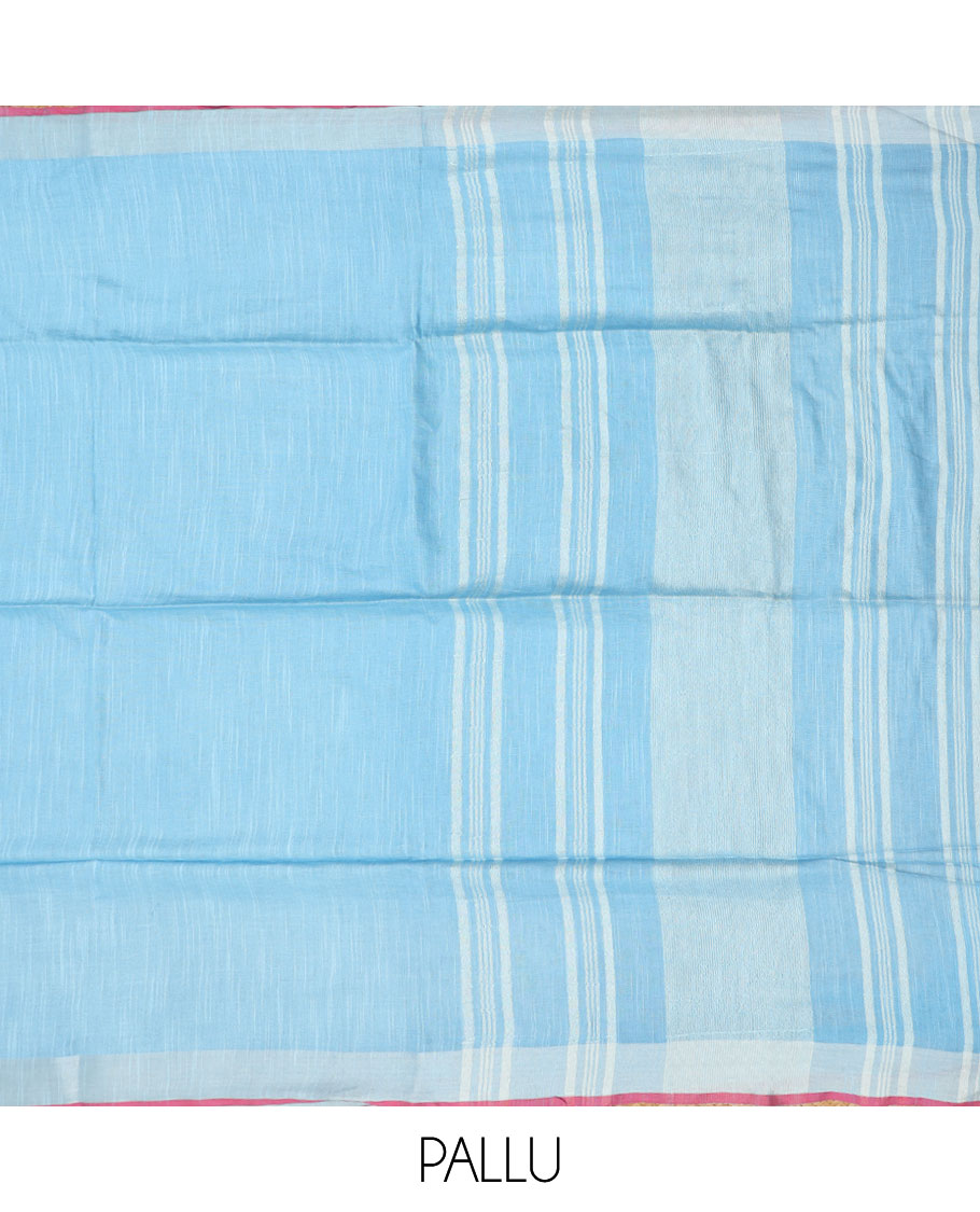 Pack of 2 combo cotton sarees, pink & light blue plain saree with self-border & pallu of stripes