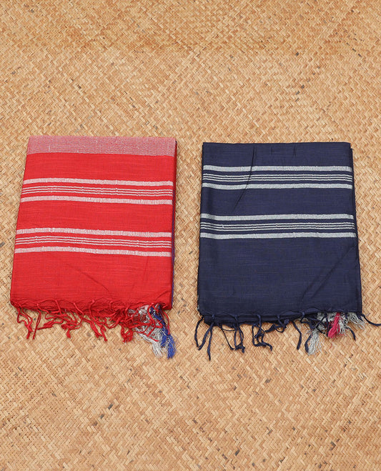 Pack of 2 combo cotton sarees, red & blue plain saree with self-border & pallu of stripes