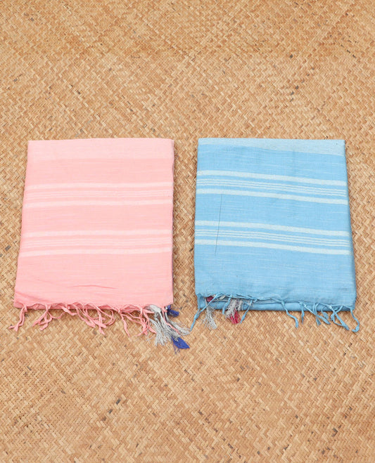 Pack of 2 combo cotton sarees, baby pink & light blue plain saree with self-border & pallu of stripes