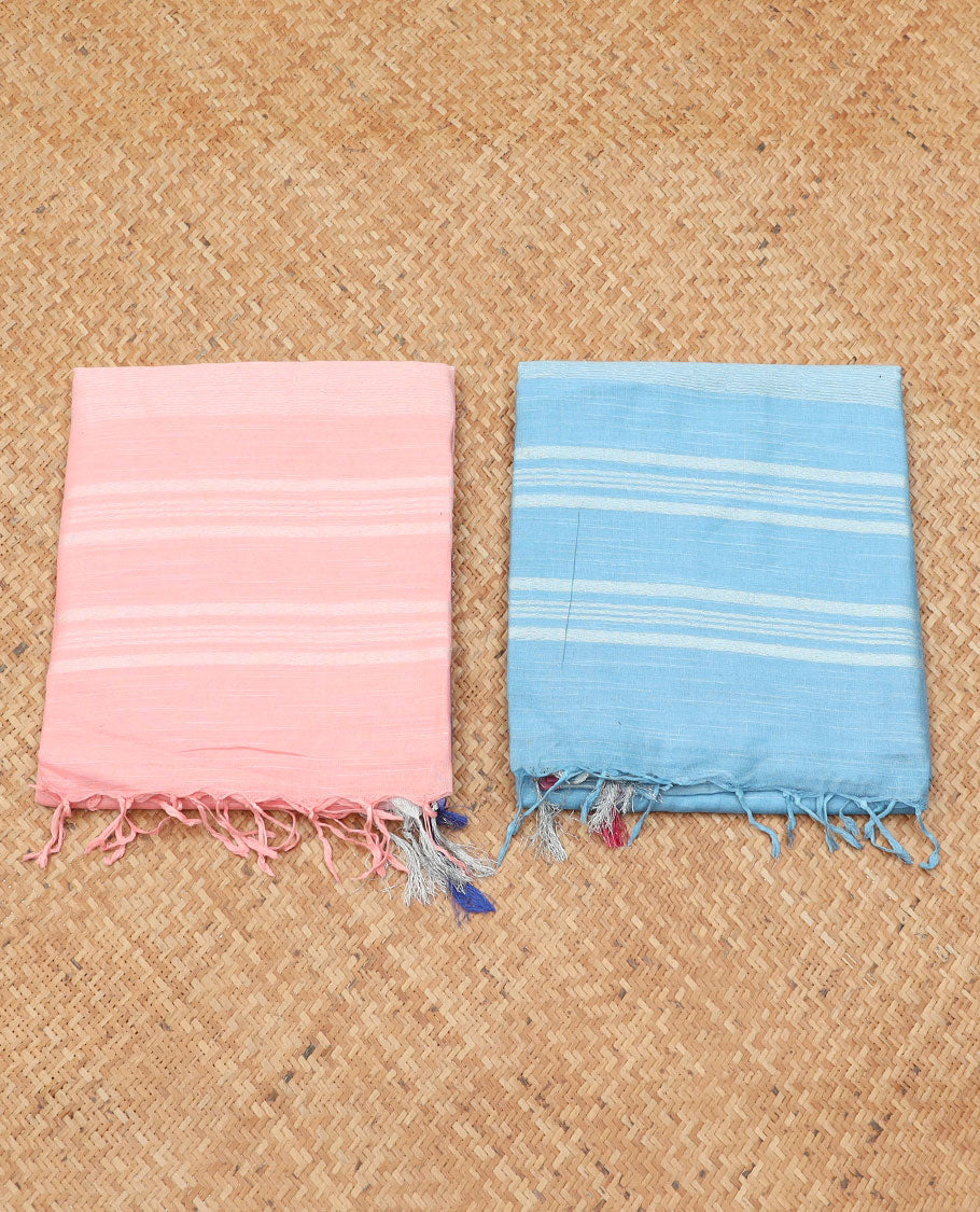 Pack of 2 combo cotton sarees, baby pink & light blue plain saree with self-border & pallu of stripes