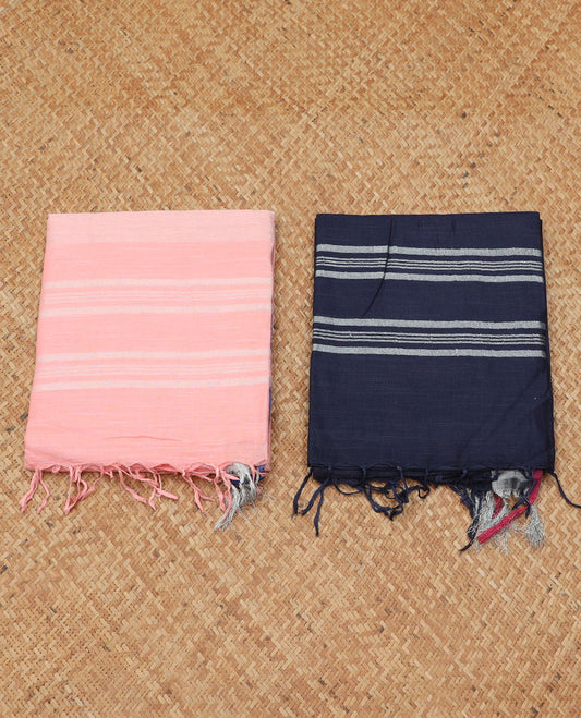 Pack of 2 combo cotton sarees, baby pink & dark blue plain saree with self-border & pallu of stripes