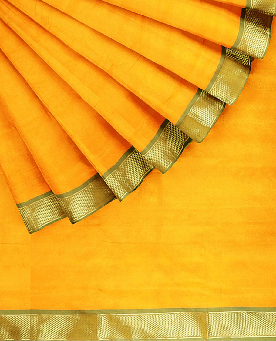 Yellow plain nine-yard cotton saree, contrast border & pallu of traditional designs