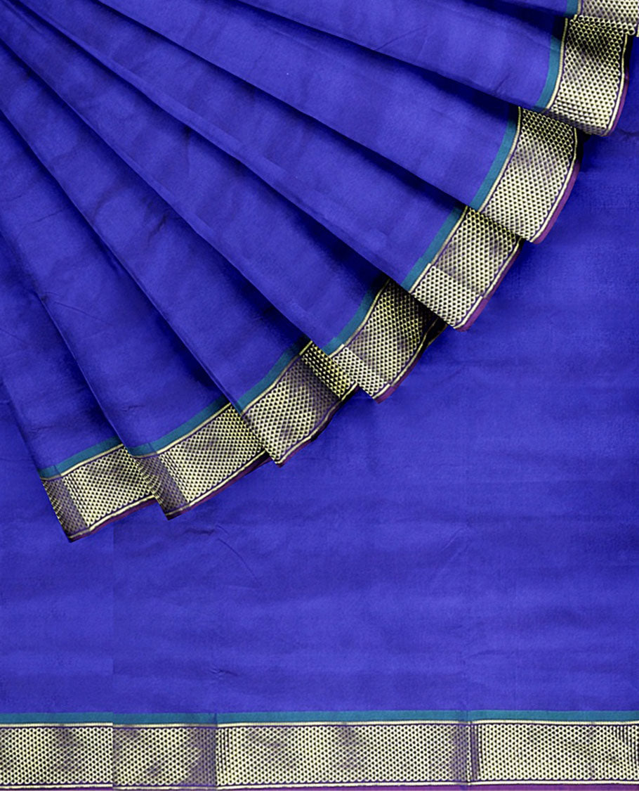 Ultramarine blue plain nine-yard cotton saree, contrast border & pallu of traditional designs