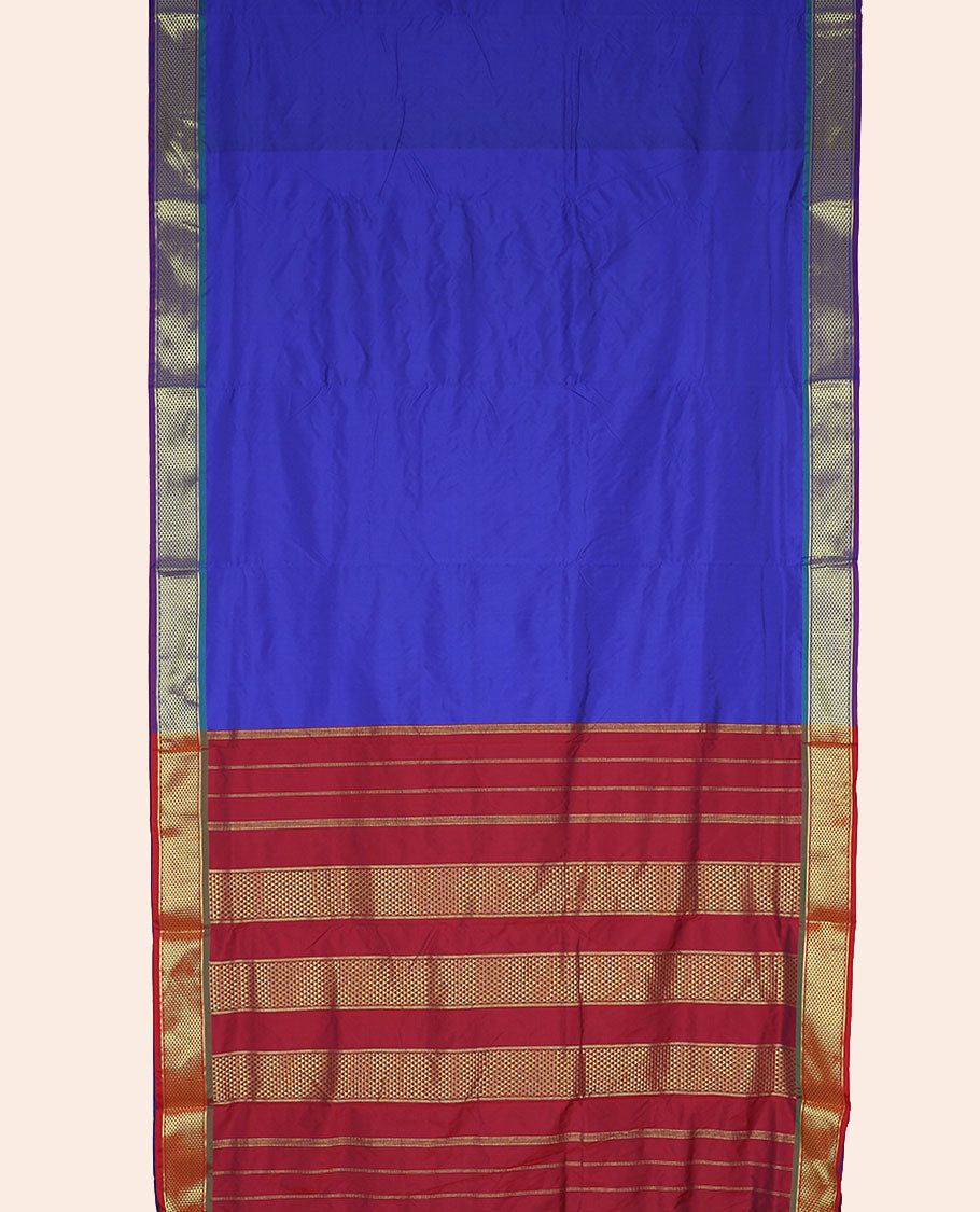 Ultramarine blue plain nine-yard cotton saree, contrast border & pallu of traditional designs