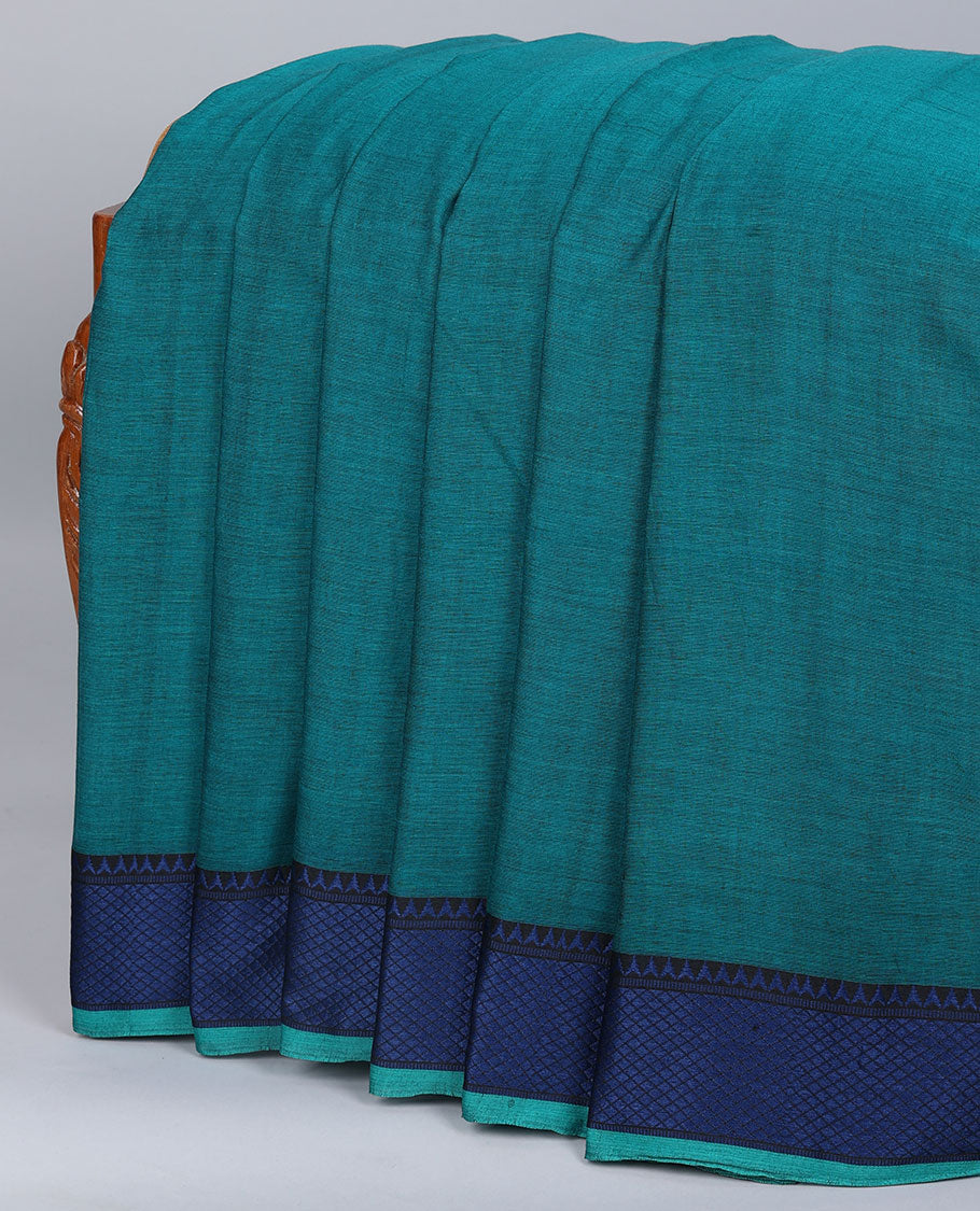 Green plain design cotton saree, contrast traditional design border & pallu of stripes
