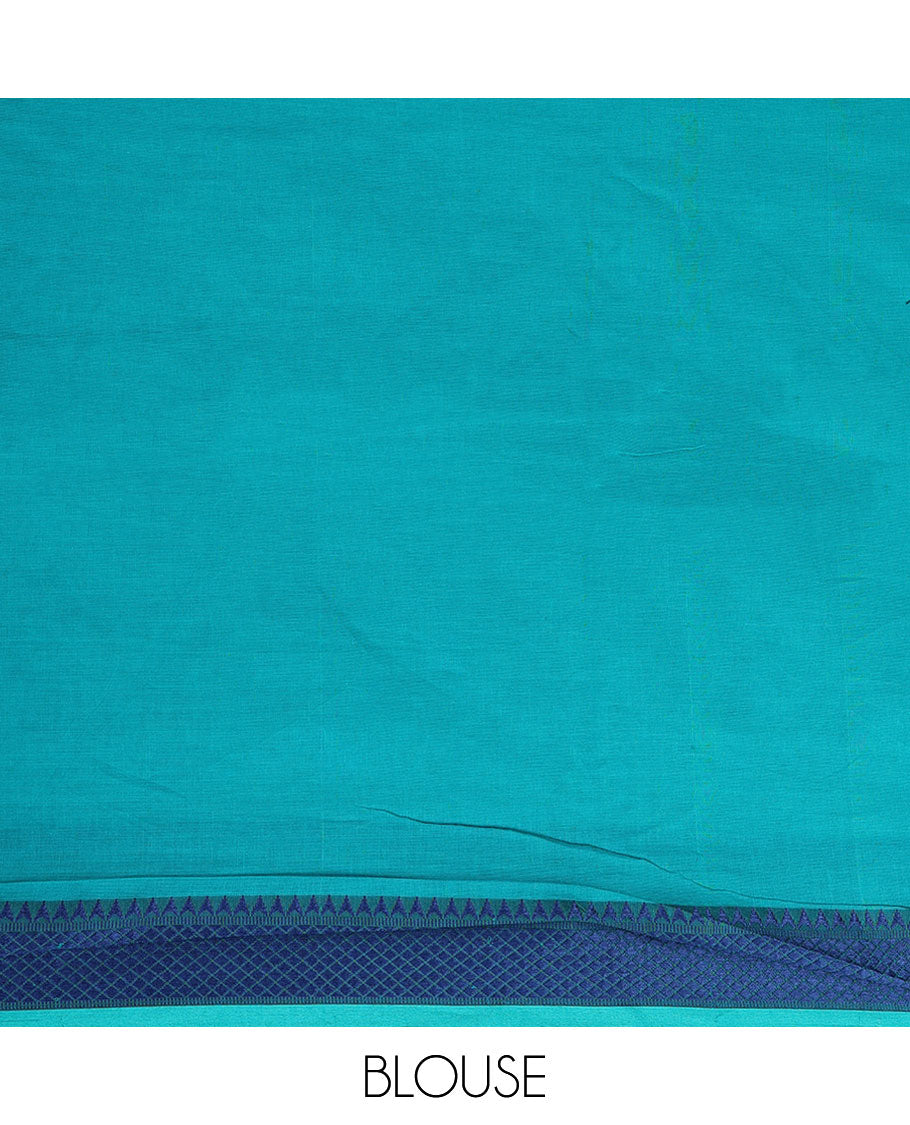 Green plain design cotton saree, contrast traditional design border & pallu of stripes