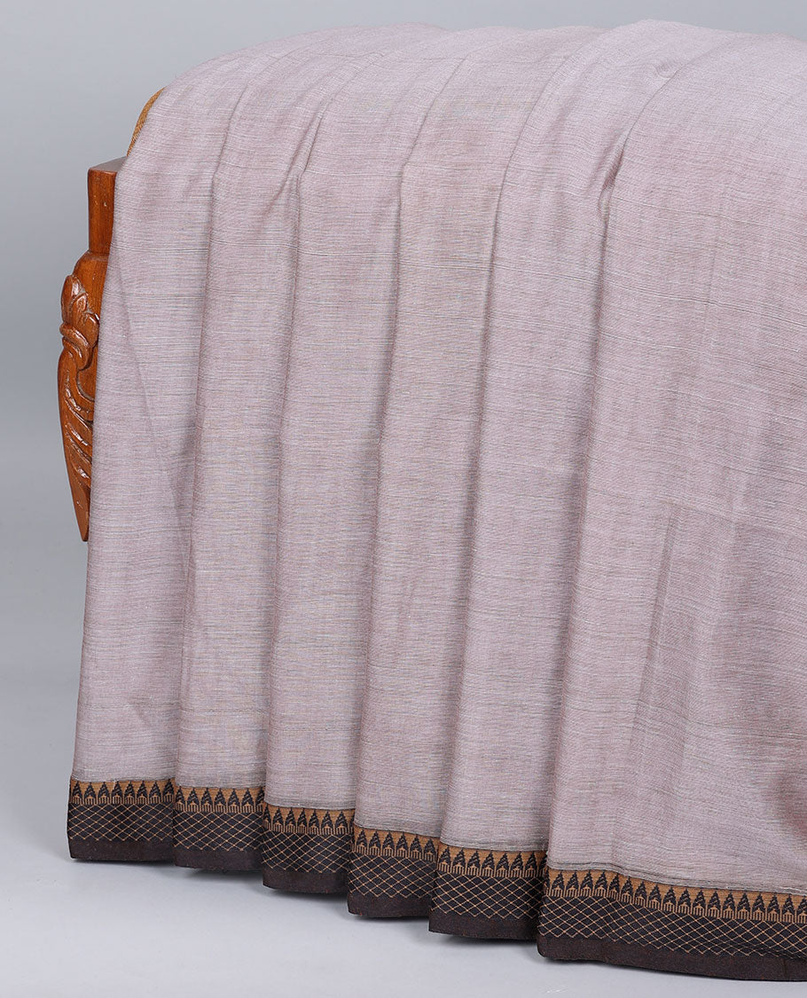 Green plain design cotton saree, contrast traditional design border & pallu of stripes