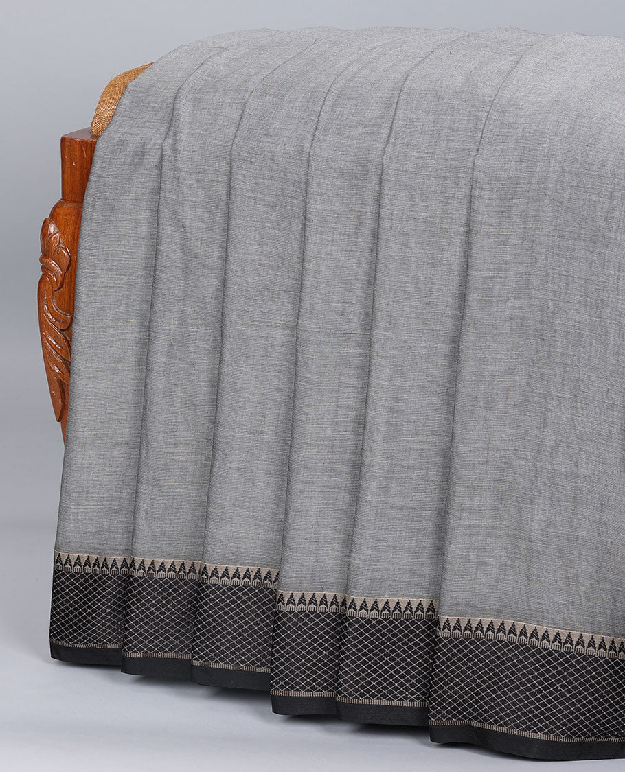 Grey plain design cotton saree, contrast traditional design border & pallu of stripes