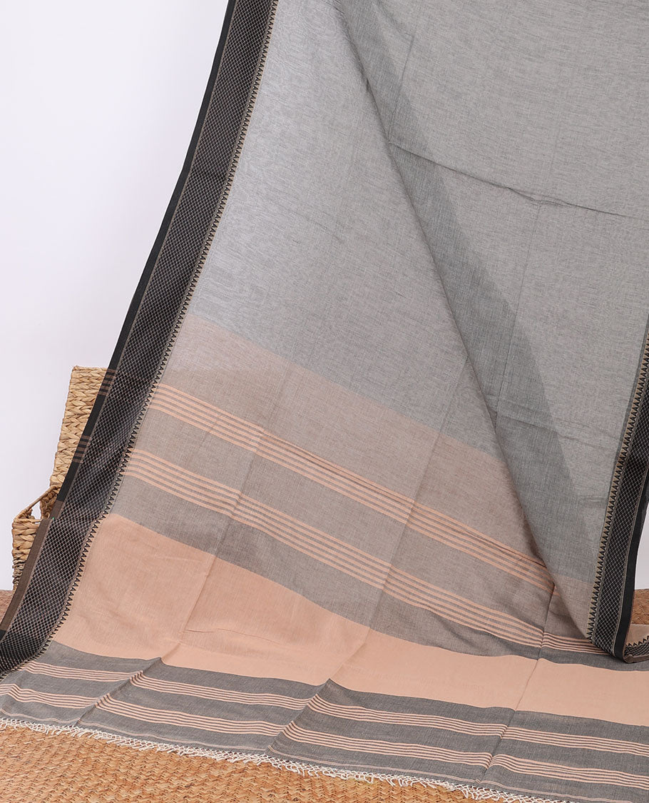 Grey plain design cotton saree, contrast traditional design border & pallu of stripes