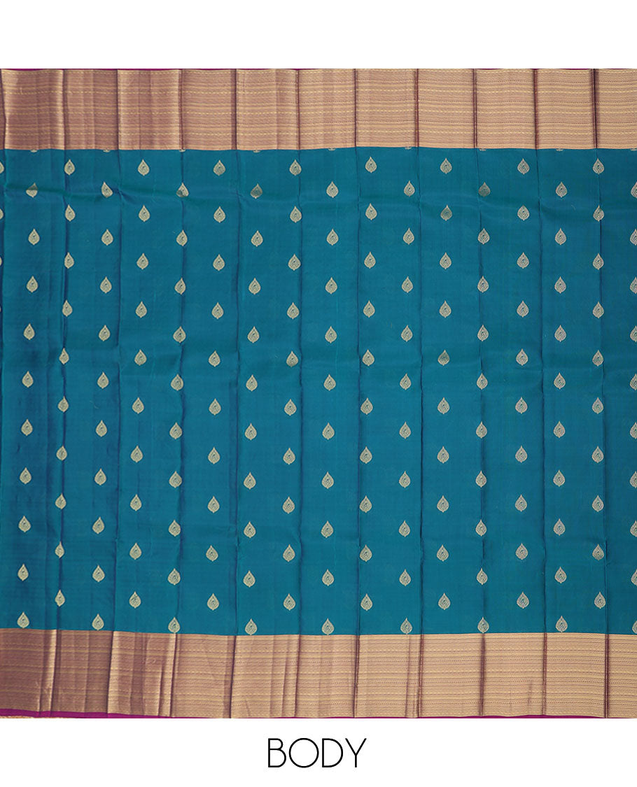 Blue vasundhara silk mix saree with buttas, contrast border & pallu steeped with traditional designs