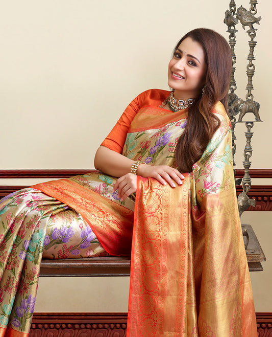 Gold meenakari floral jacquard silk saree, contrast zari border of laddu kamalam,muthu & kodi visiry & intricate pallu