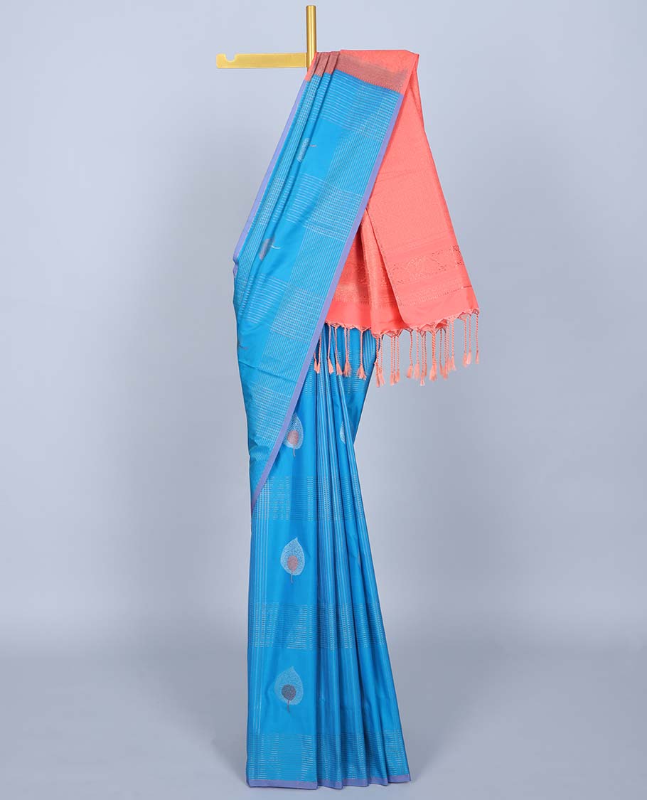 Blue checked semi-soft silk saree with buttas, contrast pallu of intricate designs