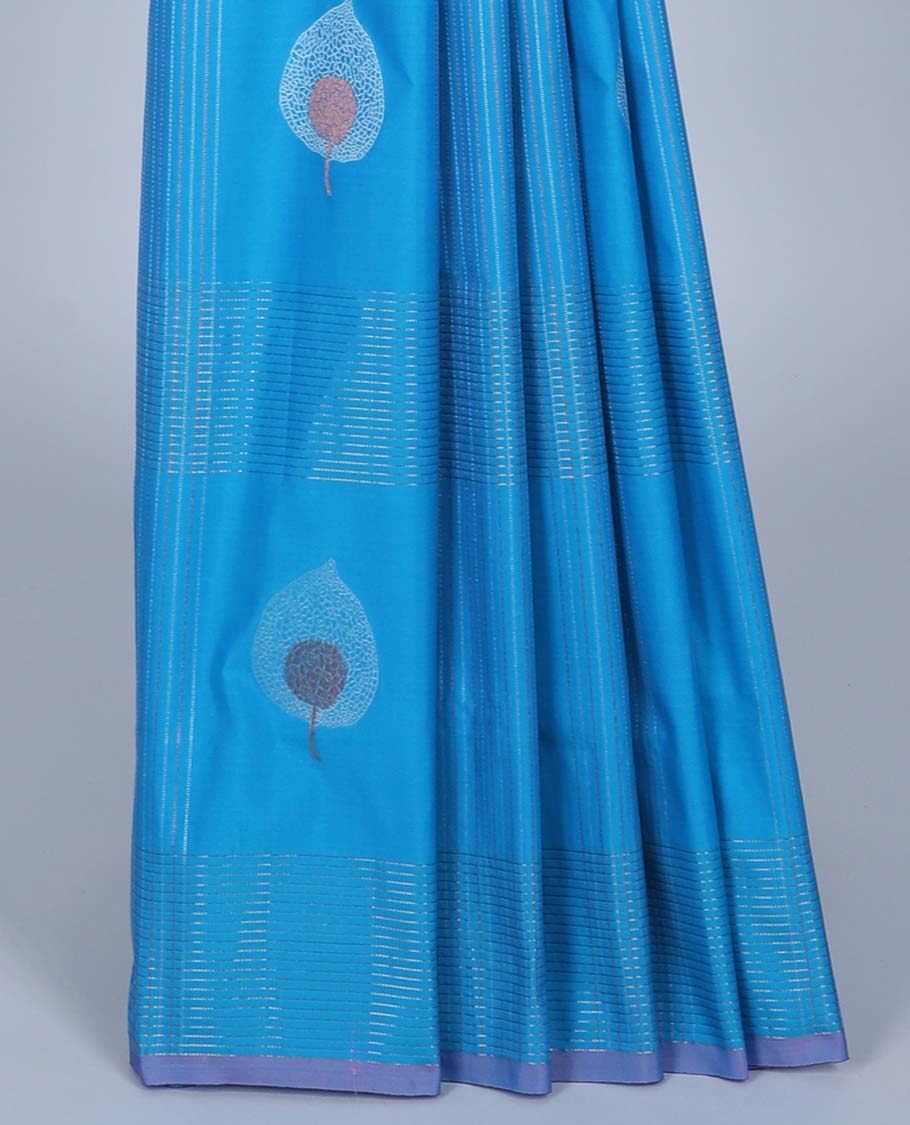 Blue checked semi-soft silk saree with buttas, contrast pallu of intricate designs