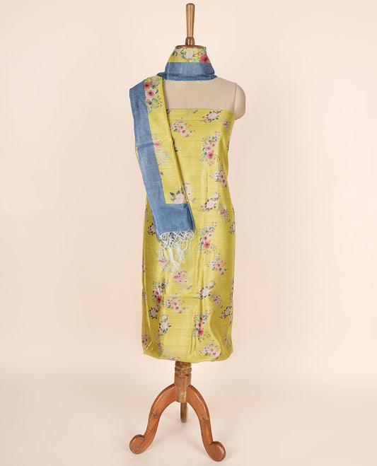 Green material chudidhar set, floral printed tissue silk top, contrast plain bottom & floral motifs printed dupatta