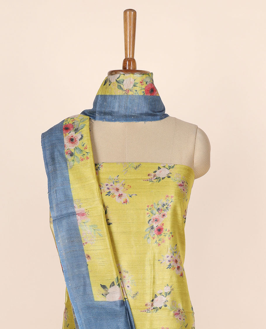Green material chudidhar set, floral printed tissue silk top, contrast plain bottom & floral motifs printed dupatta