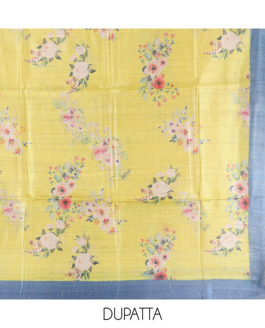 Green material chudidhar set, floral printed tissue silk top, contrast plain bottom & floral motifs printed dupatta