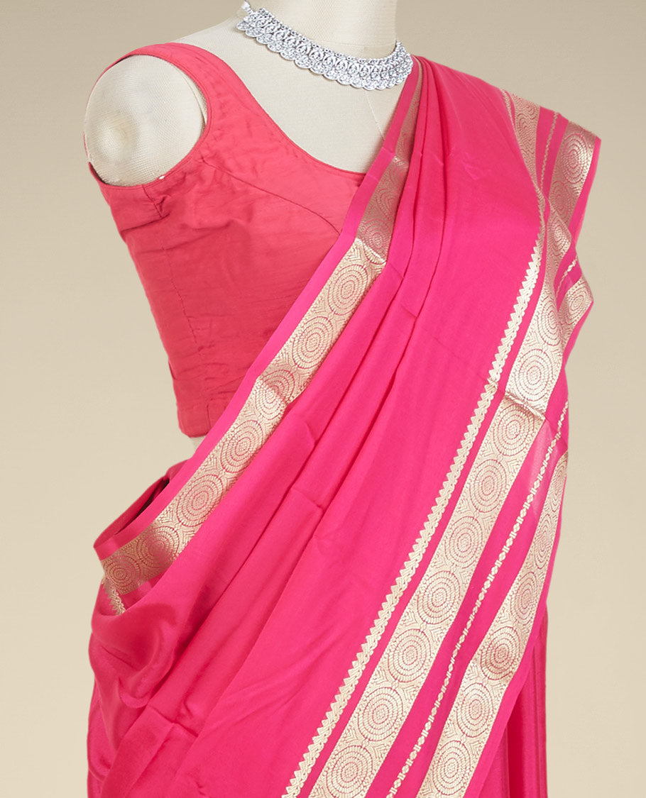 Pink plain design mysore silk saree, traditional zari border of chakram designs & pallu of zari stripes