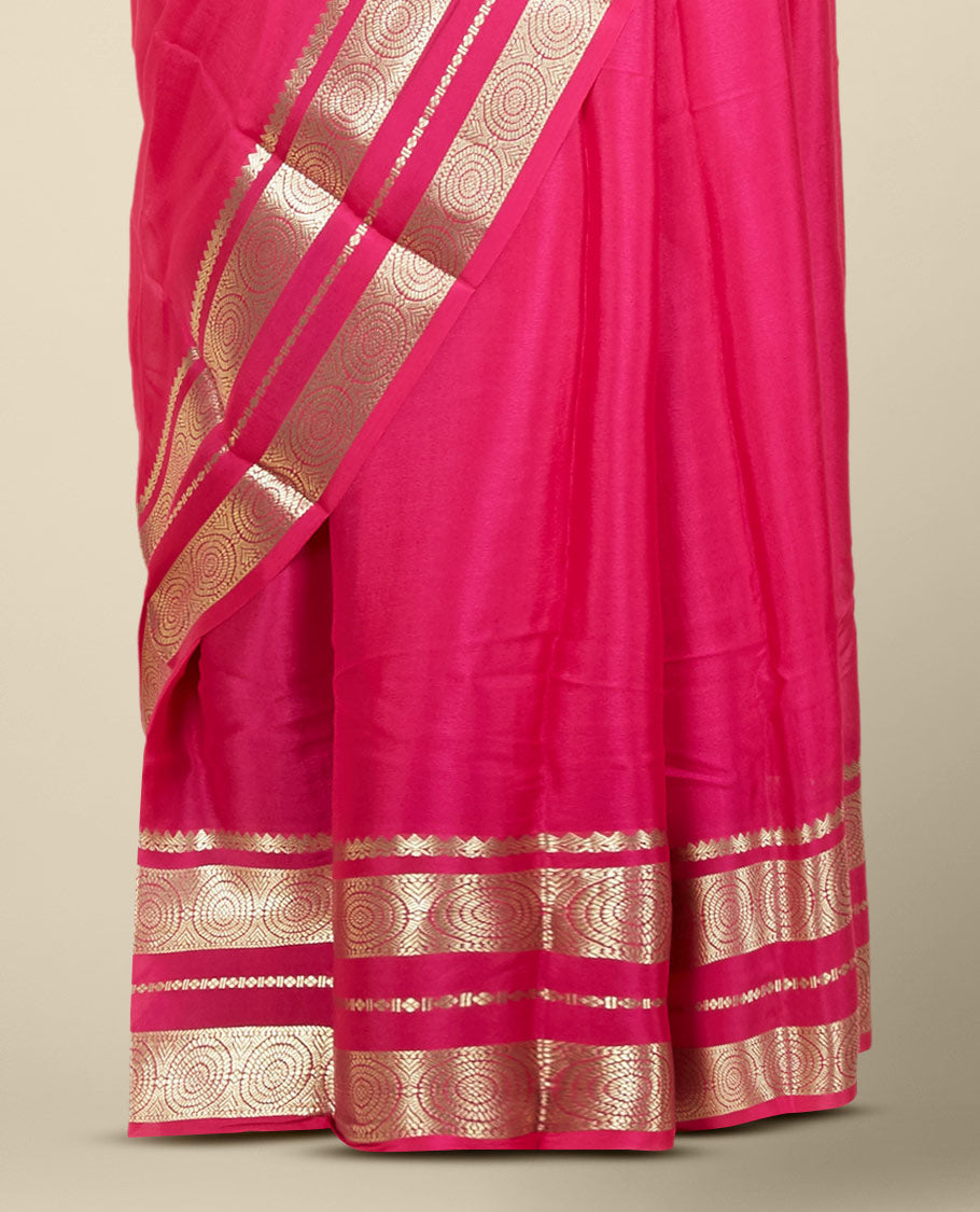 Pink plain design mysore silk saree, traditional zari border of chakram designs & pallu of zari stripes