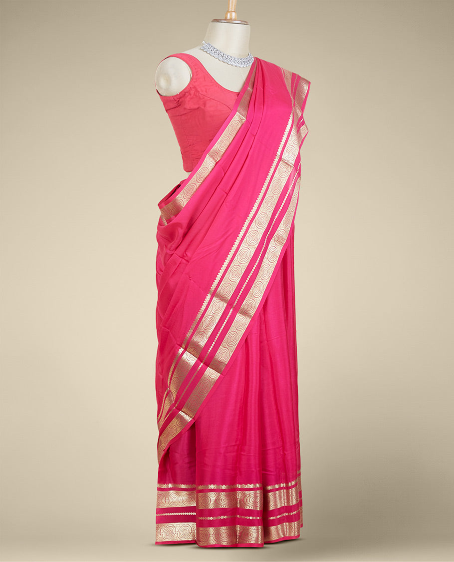 Pink plain design mysore silk saree, traditional zari border of chakram designs & pallu of zari stripes