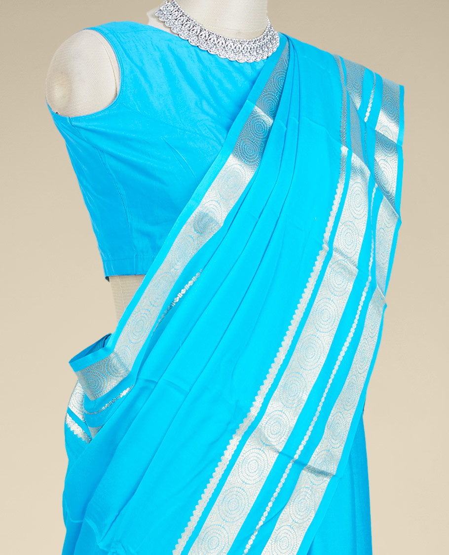 Blue plain design mysore silk saree, traditional zari border of chakram & pallu of zari stripes