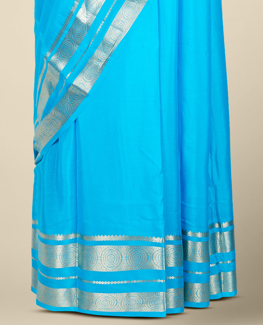 Blue plain design mysore silk saree, traditional zari border of chakram & pallu of zari stripes