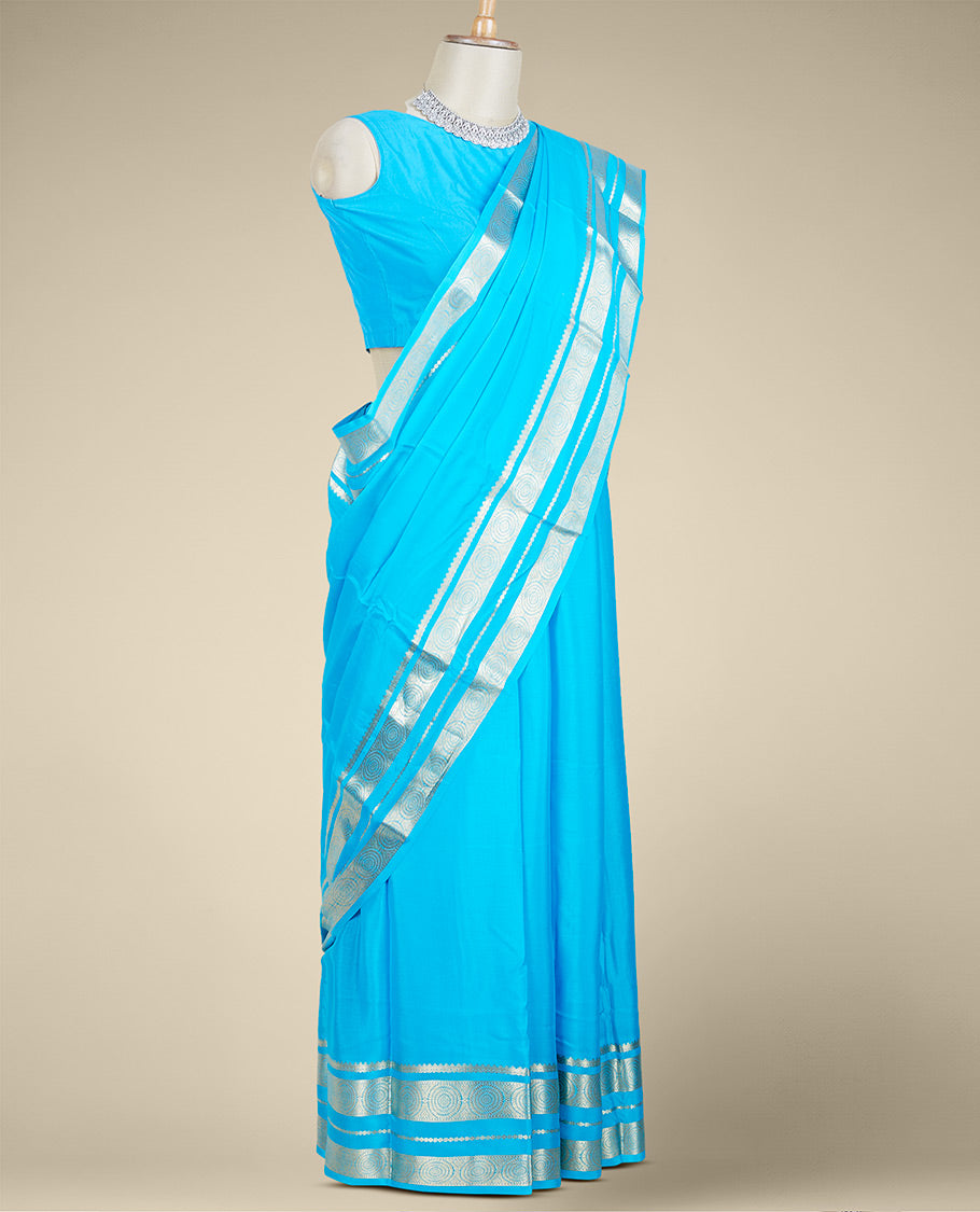 Blue plain design mysore silk saree, traditional zari border of chakram & pallu of zari stripes