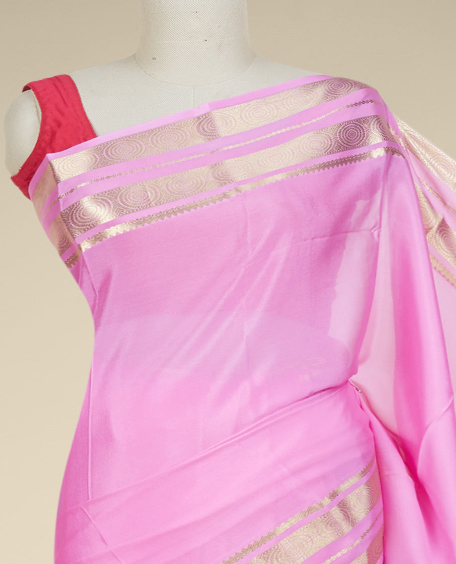 Rosemilk pink plain design mysore silksaree, traditional zari border of chakram designs & pallu of zari stripes