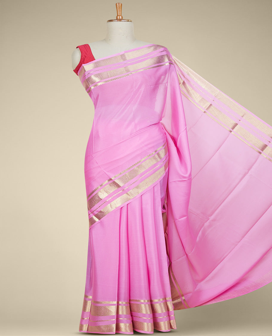 Rosemilk pink plain design mysore silksaree, traditional zari border of chakram designs & pallu of zari stripes