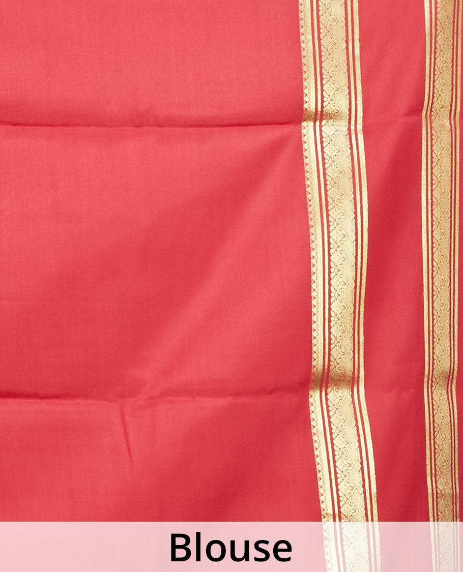 Cream plain design mysore silk saree, contrast traditional zari design border & pallu features zari stripes