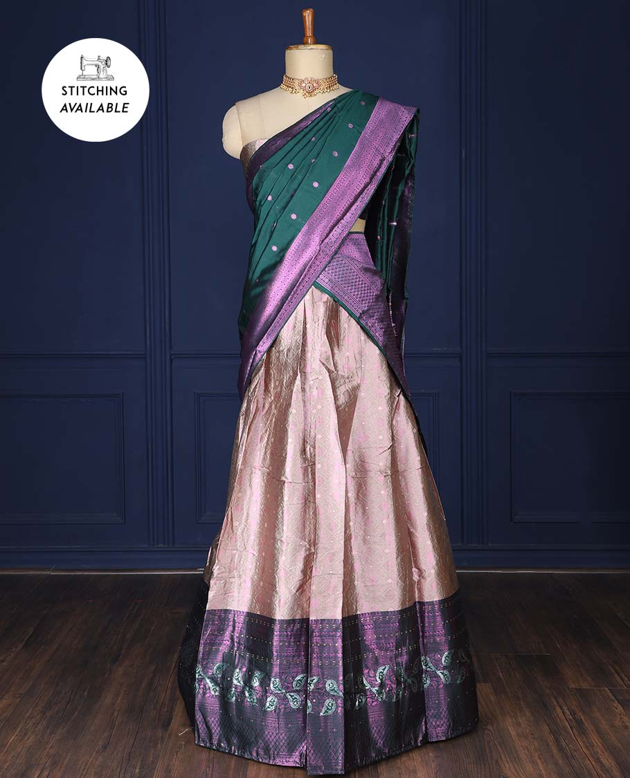 Pale brown jacquard artsilk halfsaree,contrast traditional design border, jacquard blouse & dhavani of intricate designs
