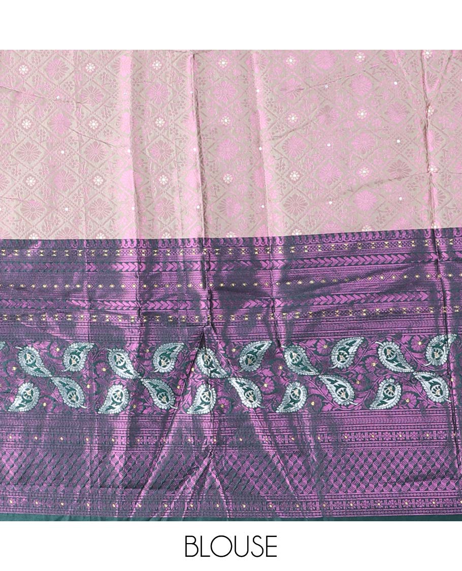 Pale brown jacquard artsilk halfsaree,contrast traditional design border, jacquard blouse & dhavani of intricate designs
