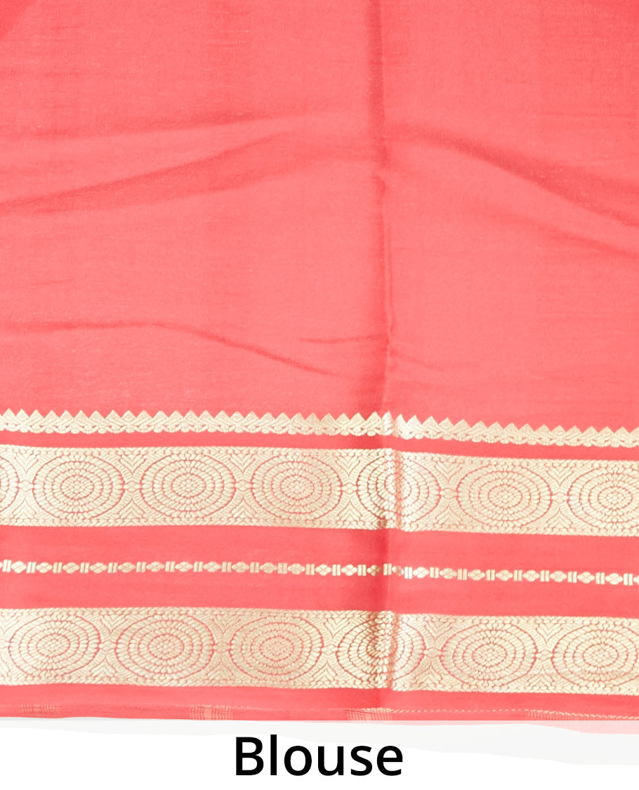 Red plain design mysore silksaree, traditional zari border of chakram designs & pallu of zari stripes