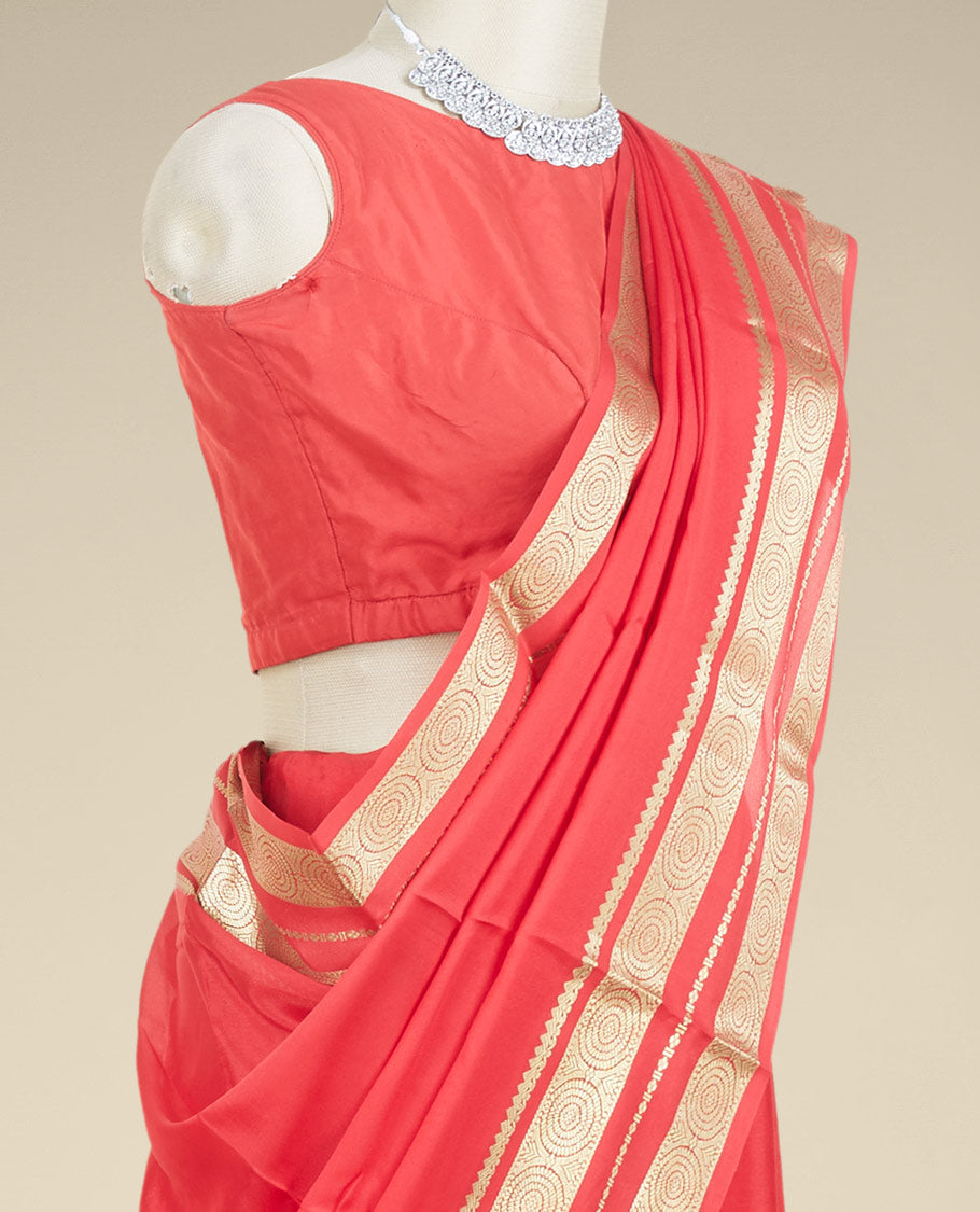 Red plain design mysore silksaree, traditional zari border of chakram designs & pallu of zari stripes