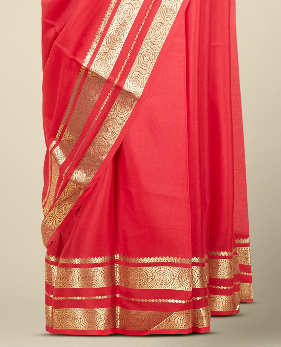 Red plain design mysore silksaree, traditional zari border of chakram designs & pallu of zari stripes