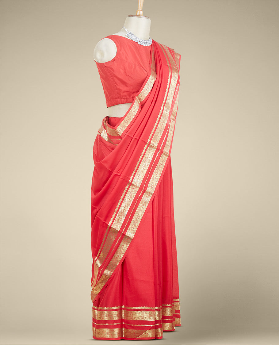 Red plain design mysore silksaree, traditional zari border of chakram designs & pallu of zari stripes