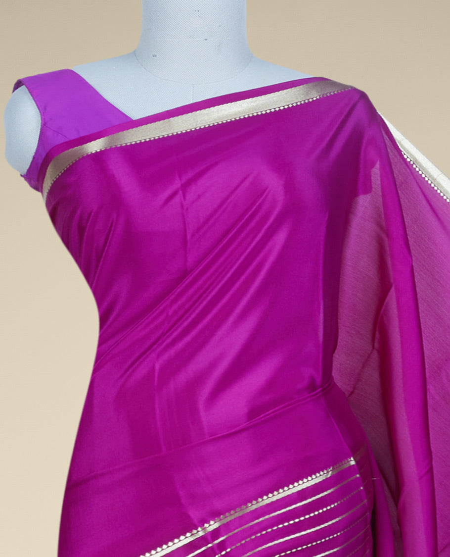 Purple plain mysore silk saree, zari design border & pallu of zari stripes