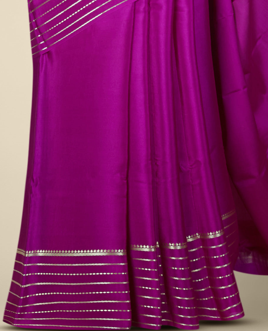 Purple plain mysore silk saree, zari design border & pallu of zari stripes